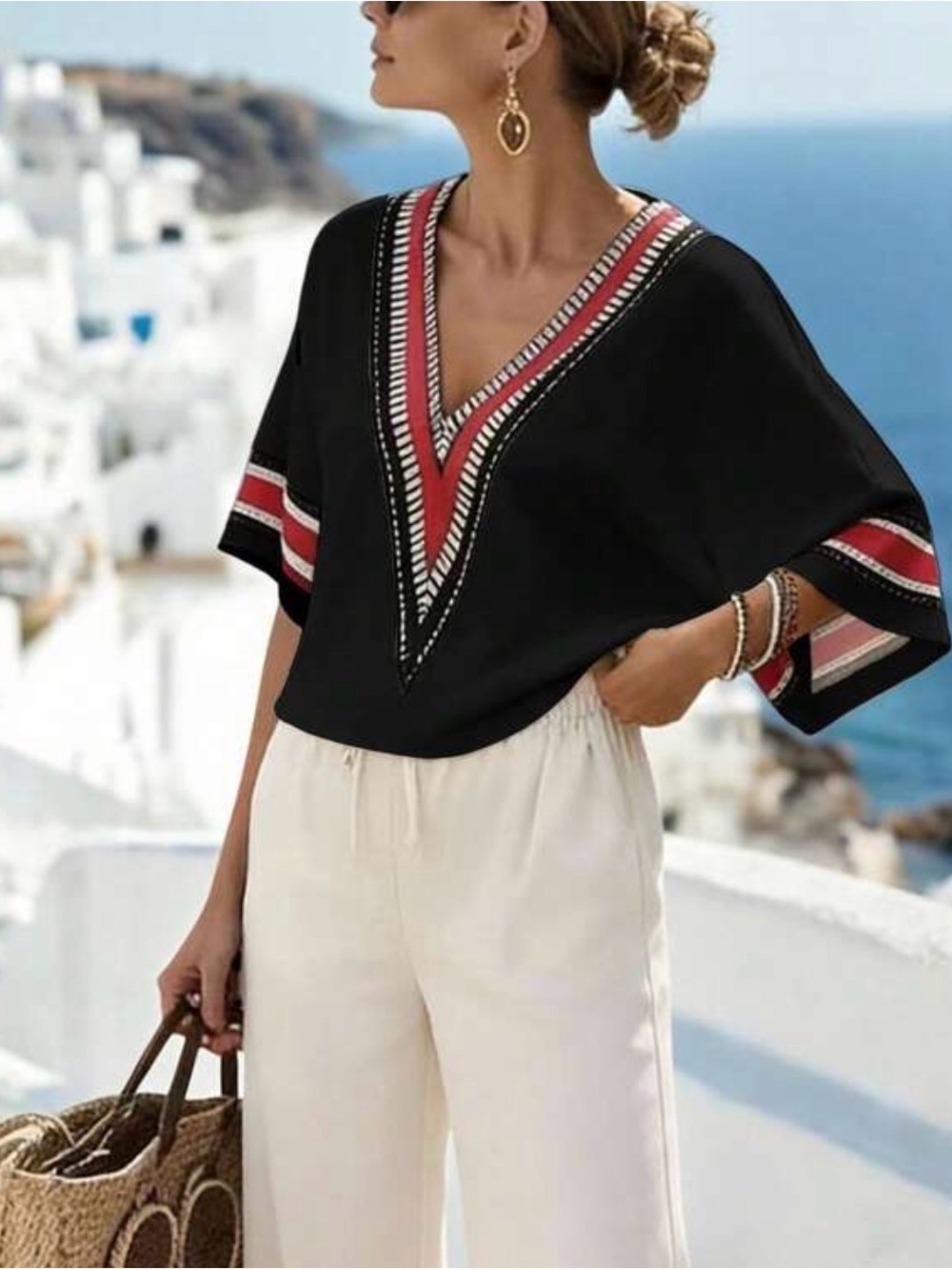 Black V-Neck Short Sleeve Top - Women's